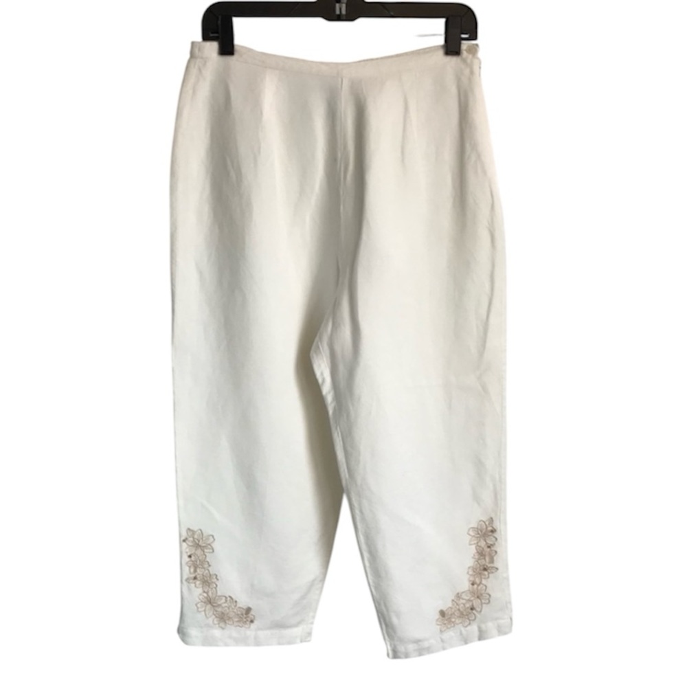 🔴 4/$15 Dressbarn Women’s S White Linen Rayon Embroidered Hem Cropped Pants EUC
